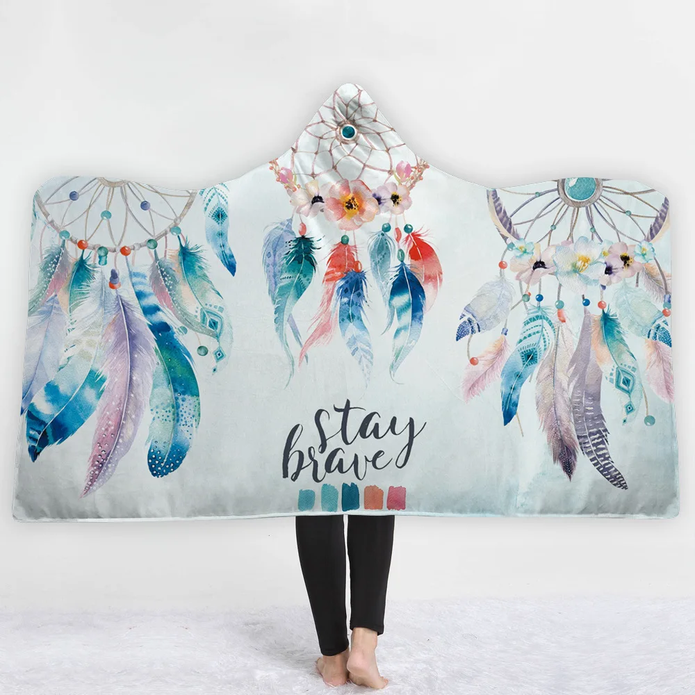 Wearable Dream Catcher Hooded Blanket Colorful Feather and Flowers