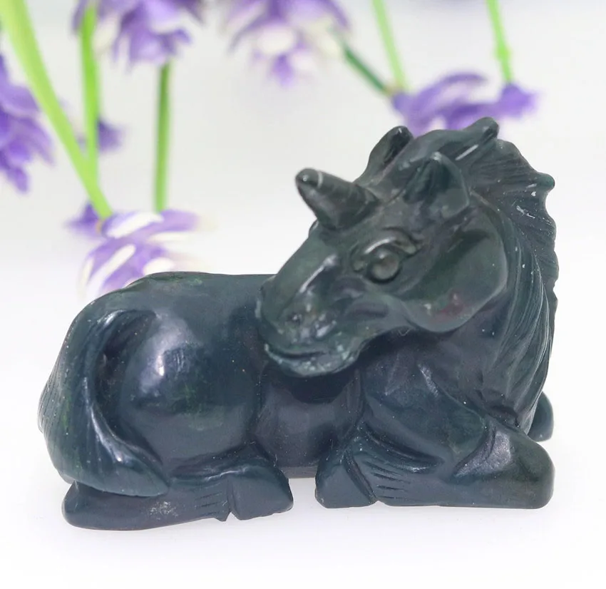 

2.28"GREEN JASPER Handmade Carved Crystal Unicorn Skull Crystal Realistic Healing Furnishing Articles Figurine TE45