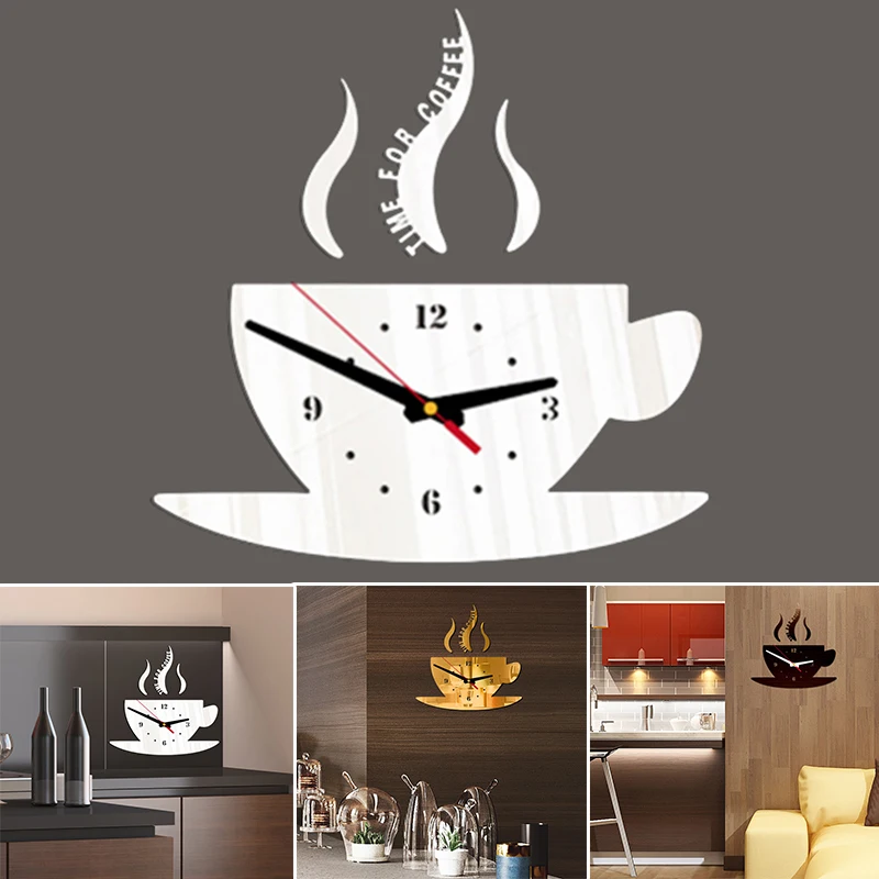 

Coffee Cup Shaped Wall Clock Stickers DIY 3D Acrylic Crystal Mirror Wall Clock Home Art Decor Wall Decorative Clocks