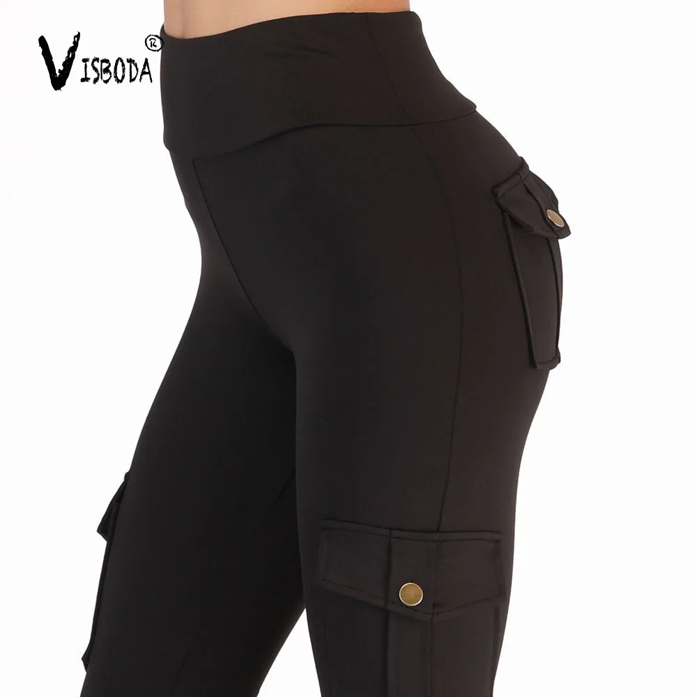 Baratos Leggins de entrenamiento de LICRA negra con cintura alta para Fitness para mujer, pantalones de moda para mujer, verde militar, pantalones Capris de bolsillo, talla grande