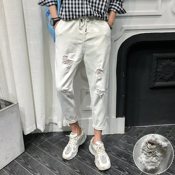 

Summer New White Jeans Men Fashion Solid Color Torn Hole Casual Nine Pants Man Streetwear Trend Wild Hip Hop Loose Male Clothes