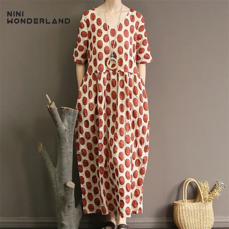 

NINI WONDERLAND Summer Dot Long Dress 2019 Women Polka Dot V-neck Crepe Cotton Classic Dresses Female High Quality Vintage Dress