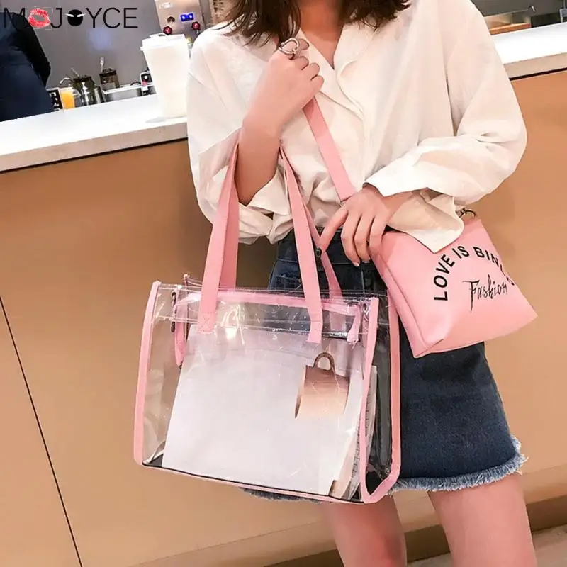 

2pcs/set Fashion Cute Girl Shoulder Bag Big PVC Clutch Totes Clear Shoulder Handbags Women Clutch Crossbody Bags Handbag