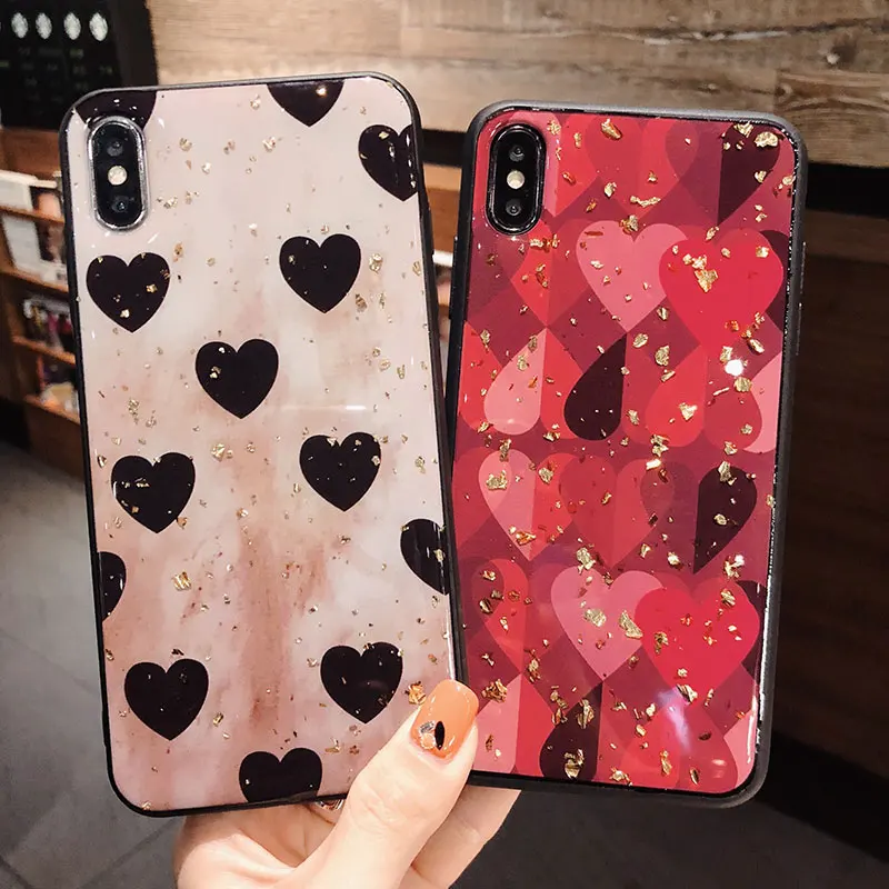 Модная Глянцевая Золотая фольга Love Heart для IPhone X XS MAX XR 7 8 Plus Phone Чехол 6 6s P |