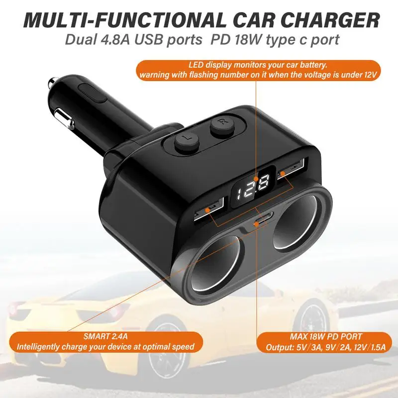Car 12v aux socket power adapter cig plug 2 in 1 Splitter sat nav charge supply