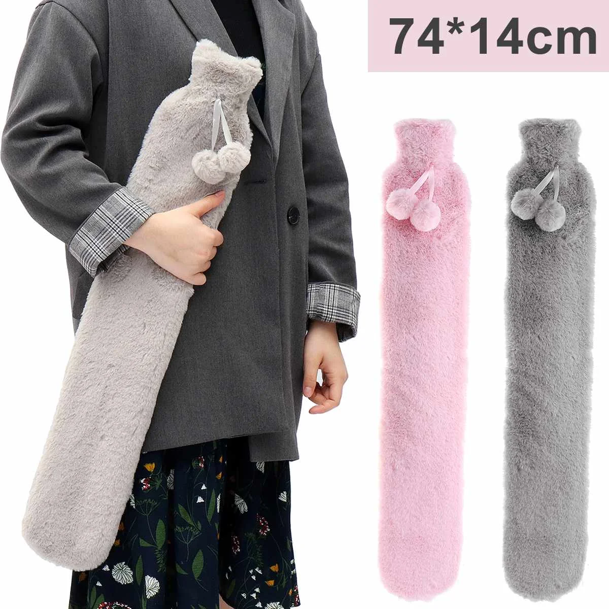 

74*14cm Fur Rubber Extra Long Hot Water Bottles Bag With Knitted Removable Cover For Waist Hand Foot Warming Pink Grey