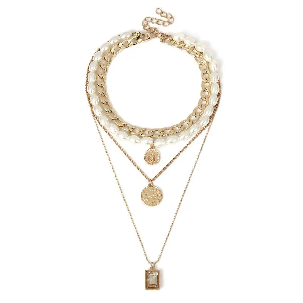 

Hot Women Vintage Multilayer Coin Pendant Faux Pearl Embossed Long Sweater Chain Necklace Statement Jewelry Decor Ladies Gift