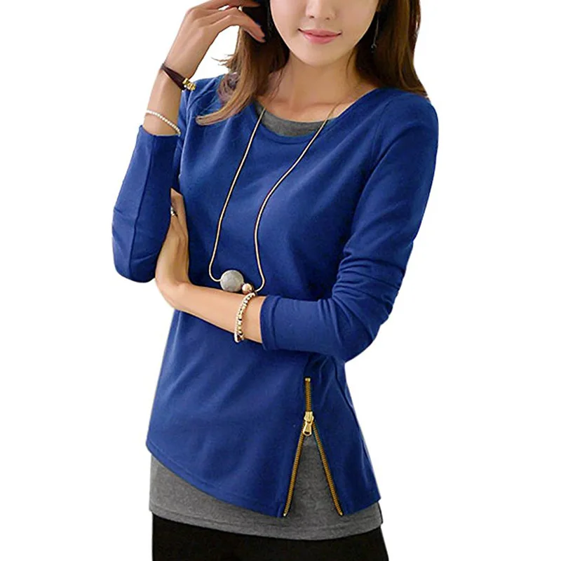 

2019 New Arrival Women T Shirt Patchwork O Neck Elegant Ladies Tops Fashion Plus Size Zipper Shirt Mujer Largas 5XL
