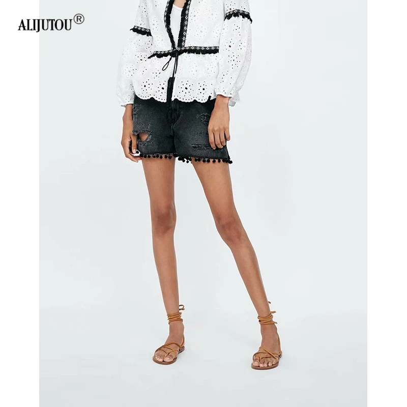 Womens Sexy High Waist Tassel Ripped Jeans zaraing 2019 summer wind female black Hairball burr hole denim shorts high quality