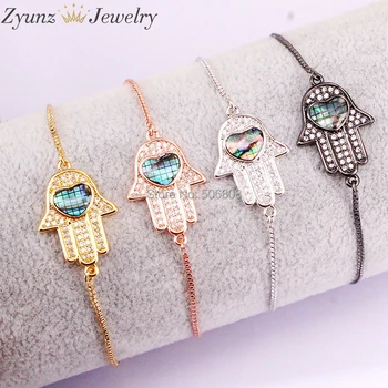 

10PCS ZYZ327-1196 Hamsa Hand Connector/Link Chain Bracelet, Micro Pave CZ Heart Abalone Shell Bead Bracelet