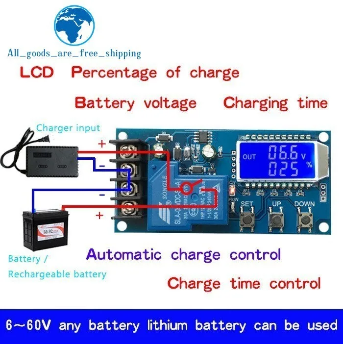 

TZT DC 6-60v 30A Storage battery Charging Control Module Protection Board Charger Time Switch LCD Display XY-L30A