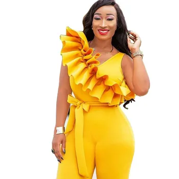 

Women Fashion Ruffles Belt Wide Leg Jumpsuit 2019 Summer Sleeveless Solid Jumpsuit Casual Space Layer Overalls