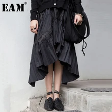 [EAM] Новинка года; сезон весна-лето; черная плиссированная юбка средней длины с высокой эластичной талией и асимметричным подолом; модная женская юбка; JR386