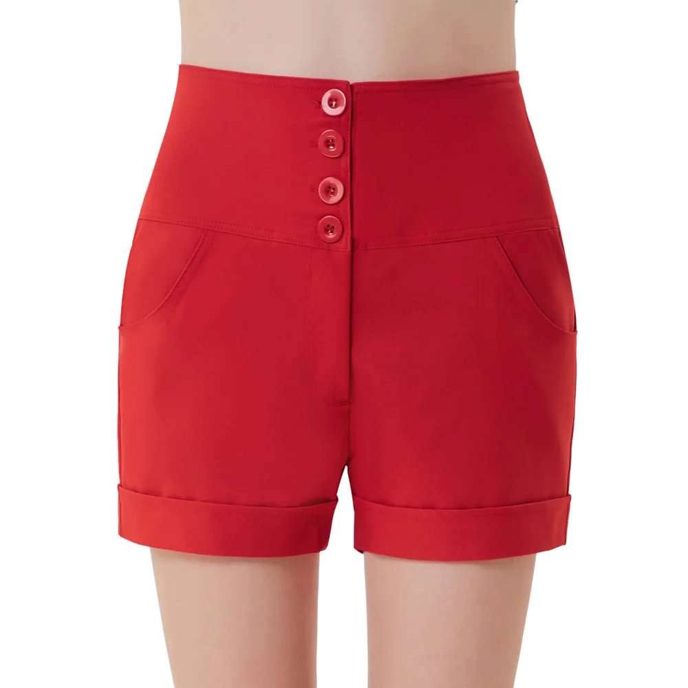 

Womens Solid High Elastic Waist Front Buttons Shorts Short Hot Summer Casual