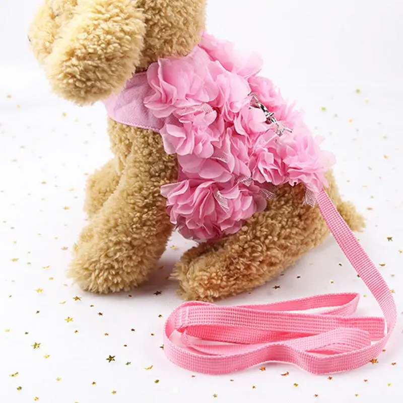 

Dog Clothes + Leash Rope For Small Dogs Dress Spring Summer pink flower Puppy Small Dog Lace Princess Chihuahua Dog