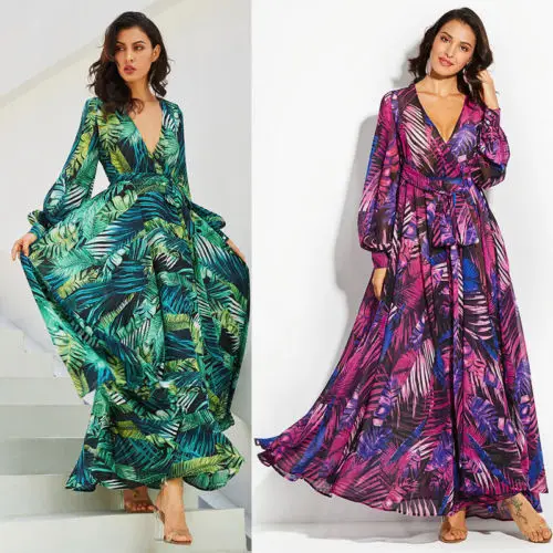 

Women Boho Long Maxi Dress Ladies Evening Party Long Sleeve V Neck Print Summer Beach Sundress