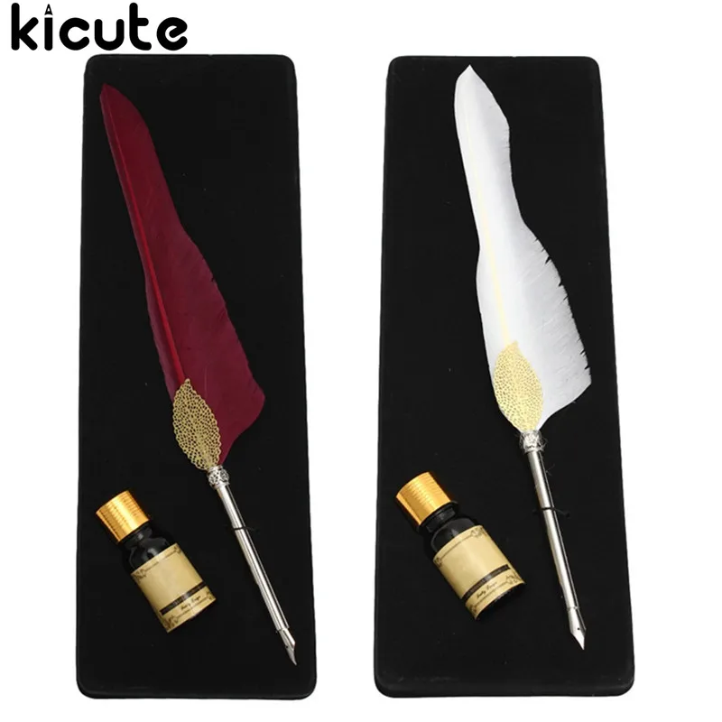 

Kicute Vintage Antique Goose Feather Quill Dip Pen Set and Writing Ink Set with Gift Box Stationery Fountain Pen Wedding Gift