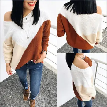 

Sexy Women's Long Sleeve Sweater 2019 New Winter Spring Off Shoulder Patchwork Crewneck Oversized Warm Knitted Pullovers S-XL