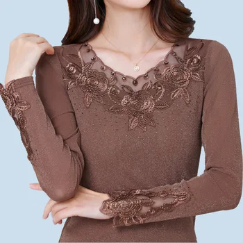 

Silver Wire Gauze Embroidered Long Sleeve Unlined Upper Garment Woman T Shirt