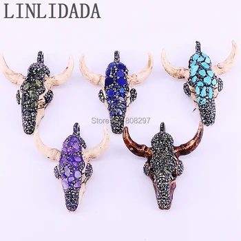 

Wholesale 5Pcs Rhinestone stones Pave Resin Ox Head Buffalo Cattle Horn Pendant Jewelry for Necklace Fashion Pendant