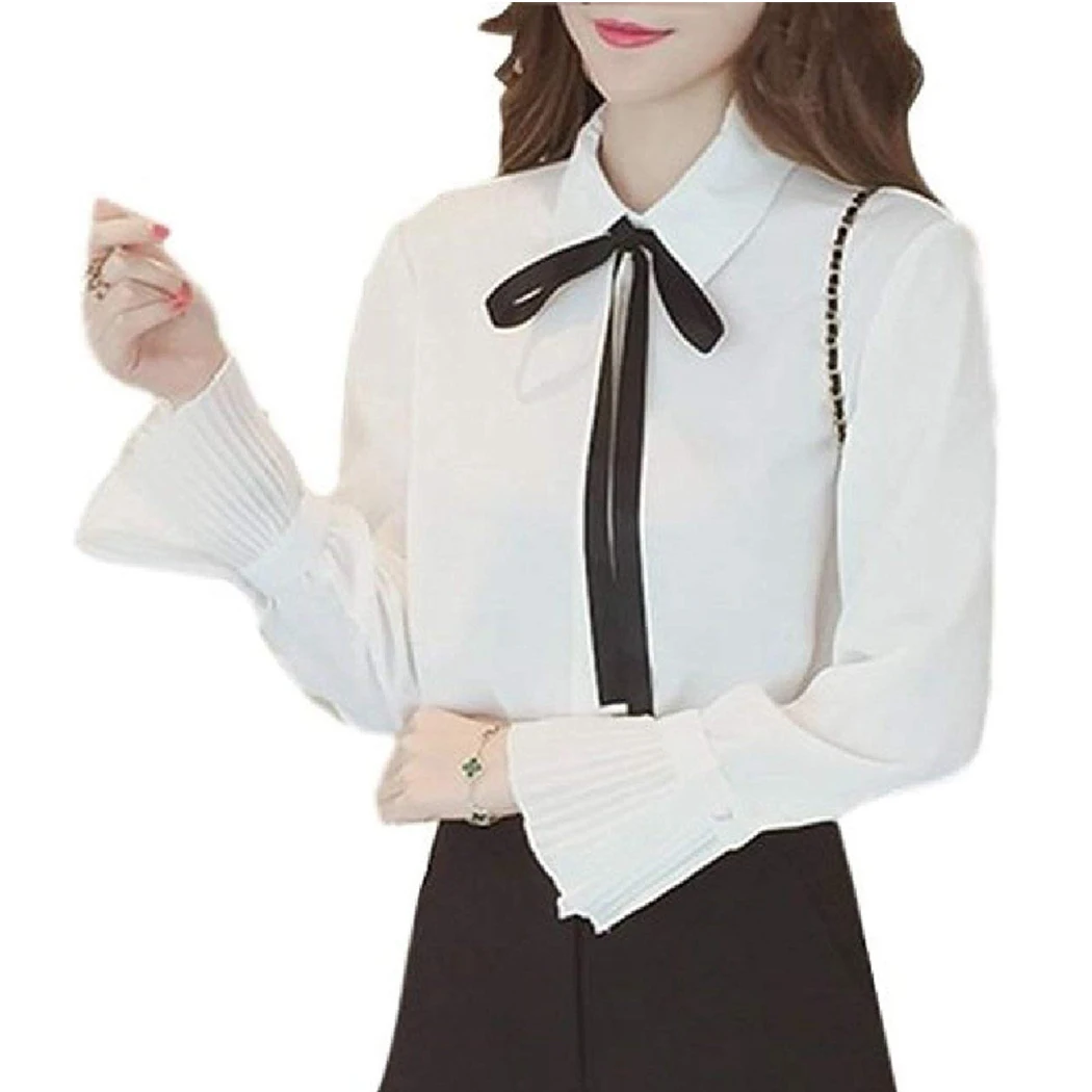 Fashion Women Chiffon Blouses Flare Sleeve Ruffles Solid Tops Elegant Bow Tie Lapel Collar Ladies Office Shirt Work Wear Blusas |