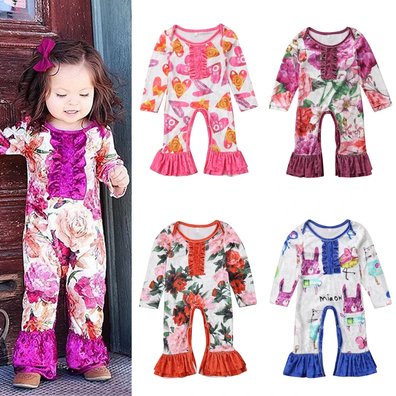 CANIS 2018 Lovely Newborn Baby Girl Velvet Floral Print Ruffles Jumpsuit Romper Outfit Clothes