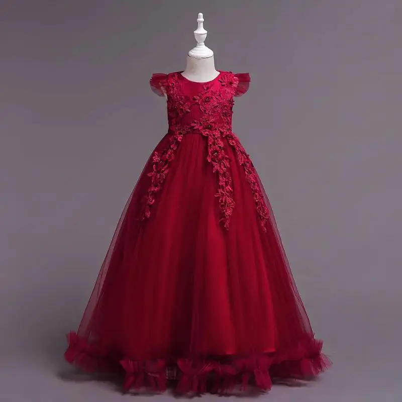 

Long Dress Children Princess Ball Gown Fly Sleeve Flowers Decor Solid Color Girls Performance Costume