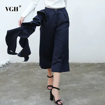 

VGH Women's Pants High Waist Loose Zipper Button Pockets Ruffles Calf-length Wide Leg Pants 2020 Fashion New