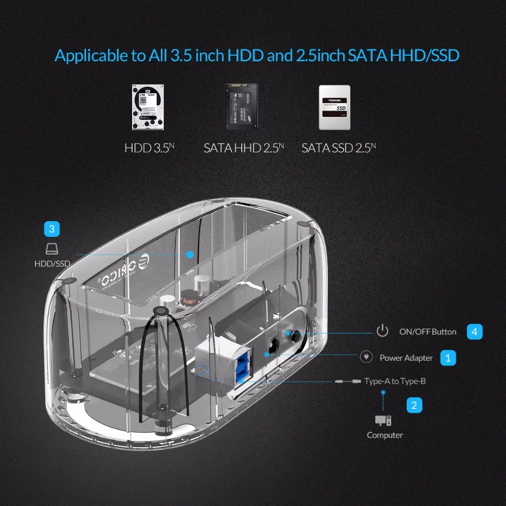 Orico 3,5 дюймов прозрачный корпус для жесткого диска Usb 3,0 5 Гбит/с Sata 3,0 Hdd чехол док-станция для Uasp 8 ТБ диски для Тетрадь Deskto