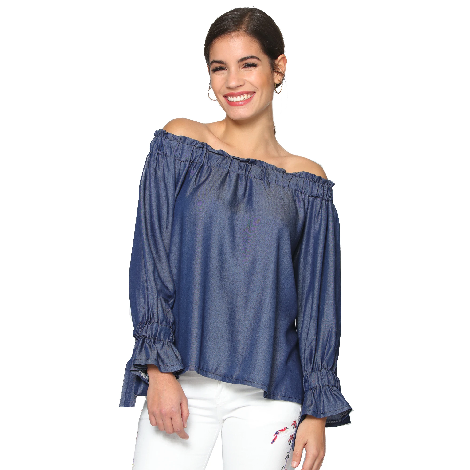 Blouse with elastic boat neck in tencel fabric 013784 Blouse WOMAN WOMEN SHIRT 3/4 SLEEVEin