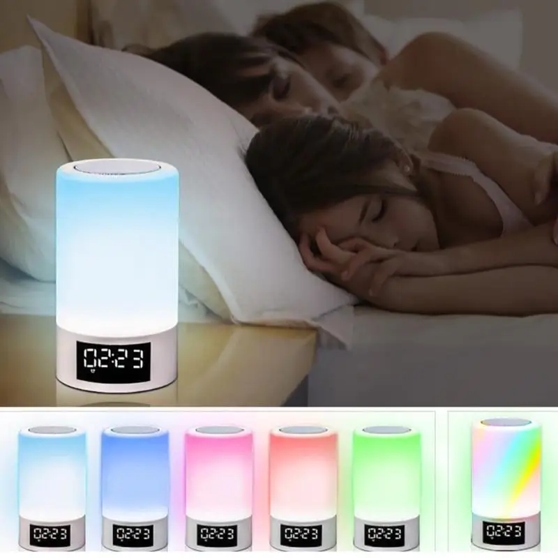

2018 New Wireless Bluetooth Speaker Audio Player with 7 Color Bedroom Table Night Light FM Radio Alarm Clock Support TF Card