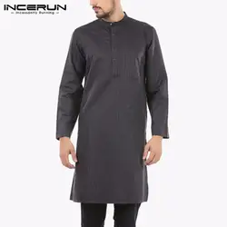 INCERUN 2019 Мужская рубашка индийский Курта костюм полосатый хлопок длинный рукав длинные топы Мужские исламский арабский кафтан винтажная