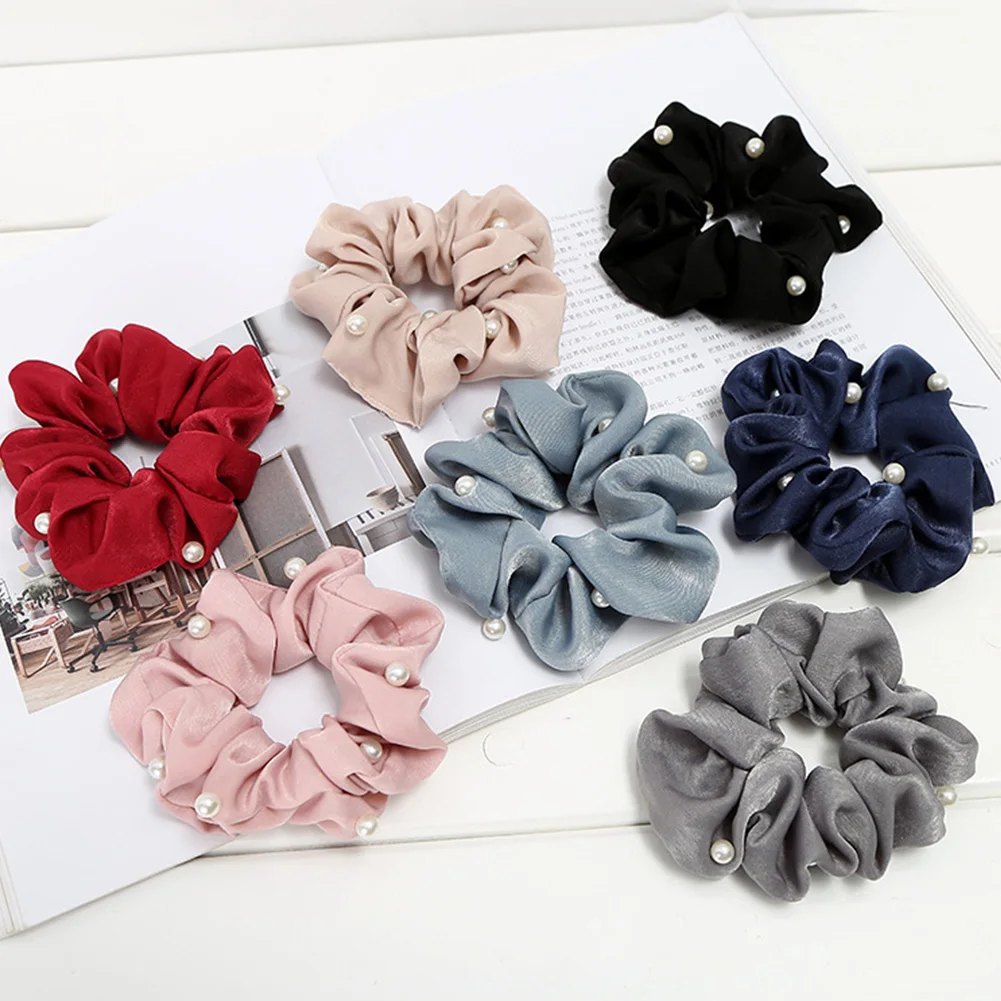 

2019 fashion Girls Scrunchies Solid Silk Hair Tie with Pearls Ponytail Holder Gold Side Hair Scrunchies Bracelet Accessories