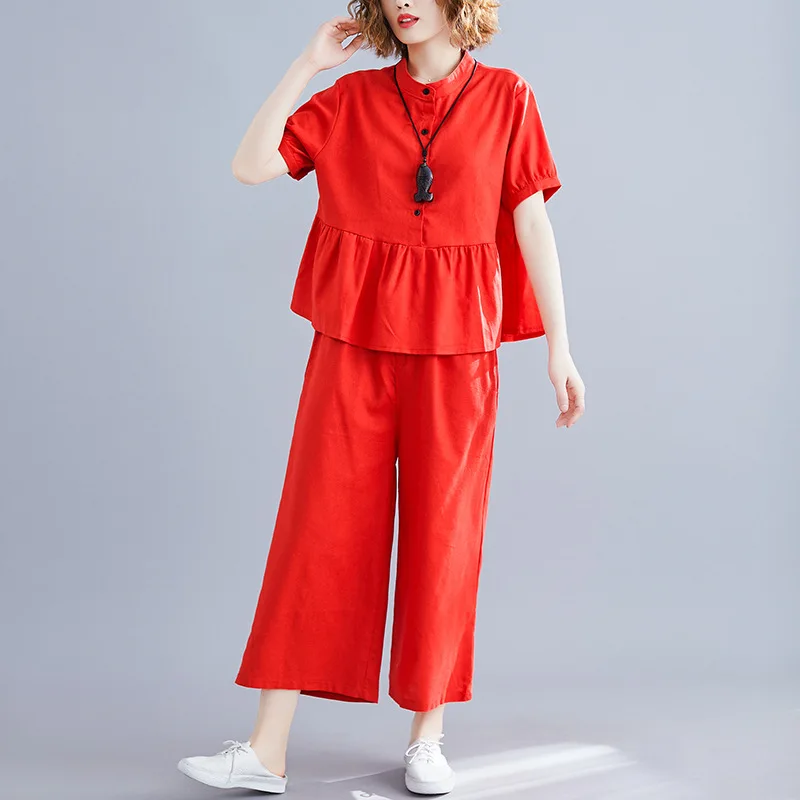 

2019 Fashion Summer O Neck Short Sleeve Ankle Length Pants Size L-2xl Women 2 Solid Color Linen Sets Jl-gm8352