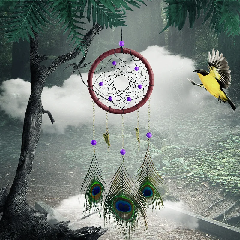 

Peacock feather dream catcher bell wind bell handmade handicraft automobile decoration pendant quality birthday lover gift