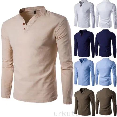

2019 Fashion New Luxury Men's Slim Fit Shirt V-Neck Long Sleeve Causal Shirts Solid Shirts Linen Tops M-3XL