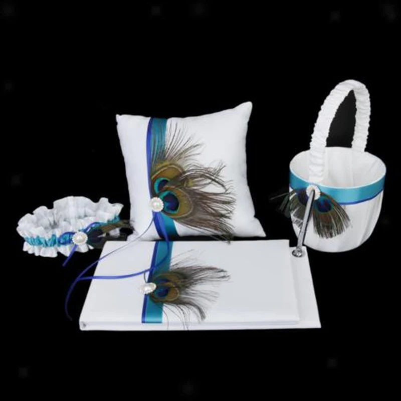 

Feather Wedding Flower Basket +Sign-in Book Pen Set + Ring Pillow +Garter Set