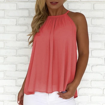 

Sleeveless Halter Top 2020 Summer Women Ladies Casual Loose Solid Beach Holiday Pink Button-Designed Camic Tank Tops Blusas