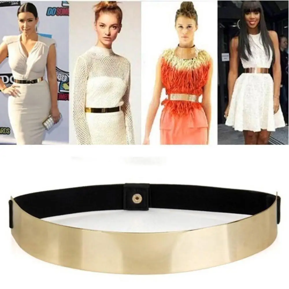 

Hot Women Elastic Metal Waist Belt Metallic Bling Gold Plate slim Simple Band Fashion