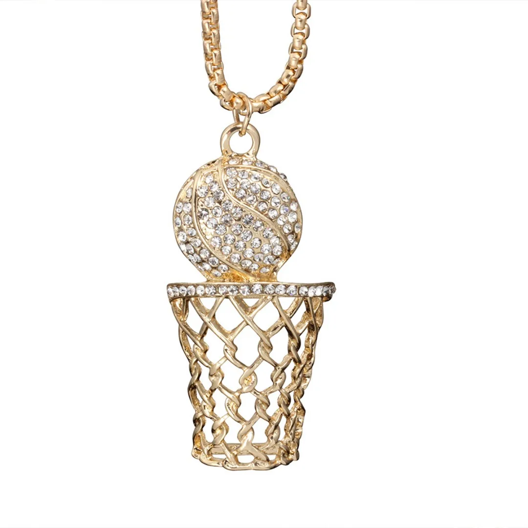 

Men Hip Hop Basketball Hoop Net Crystal Pendant Necklace Fashion Jewelry Shellhard Fitness Sport Keep Fit Gold Chain Necklace