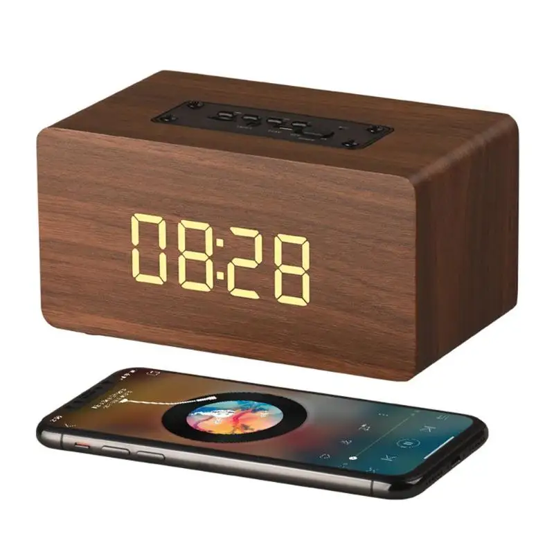 

Multifunction Wooden Wireless Bluetooth Speaker HiFi Music Speakers Digital LED Alarm Clock Support TF Card FM Radio Function