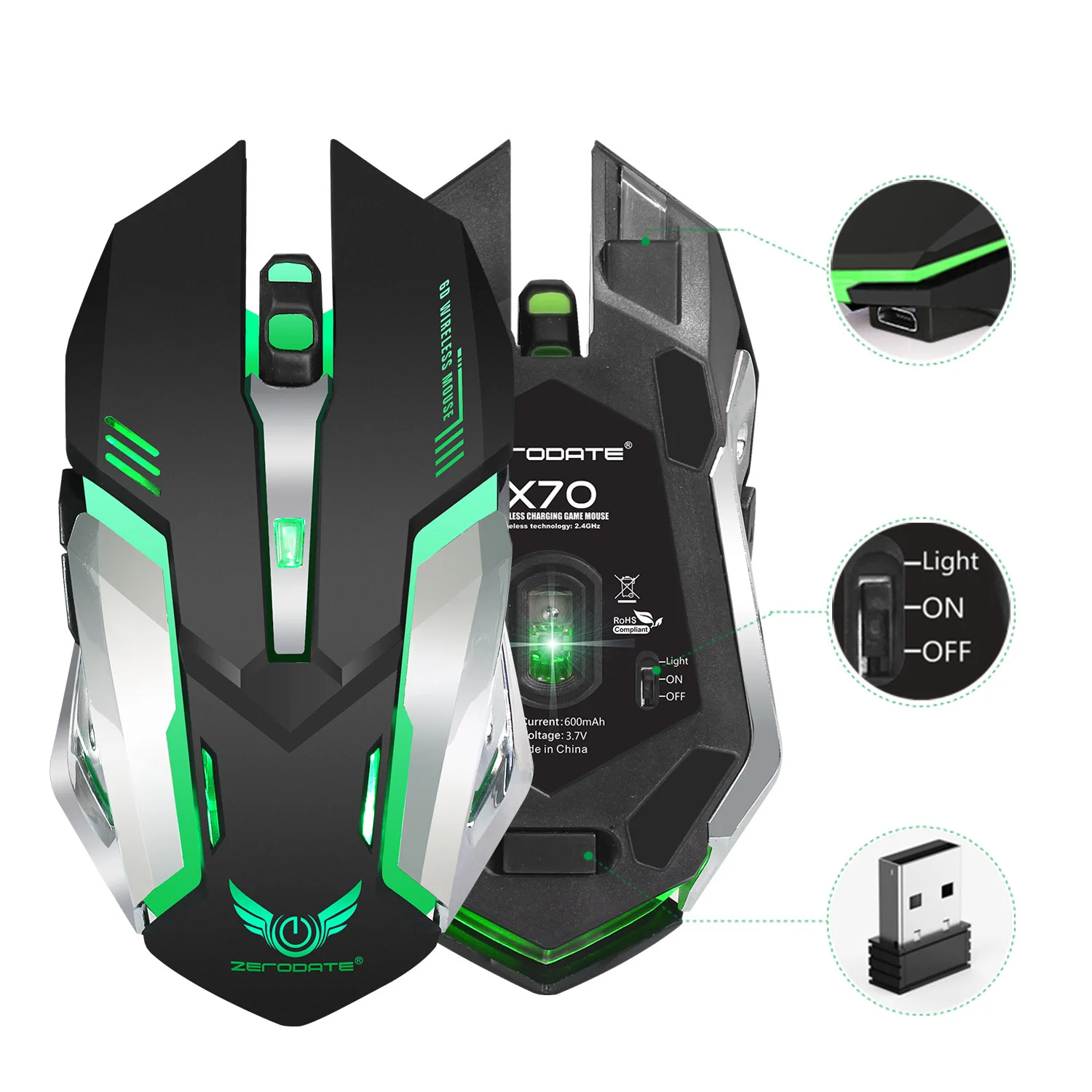 Wireless Mouse 2.4G Rechargeable Mouse 2400 DPI With USB Receiver Gaming Computer Mice 7 colors breathing light For Notebook PC