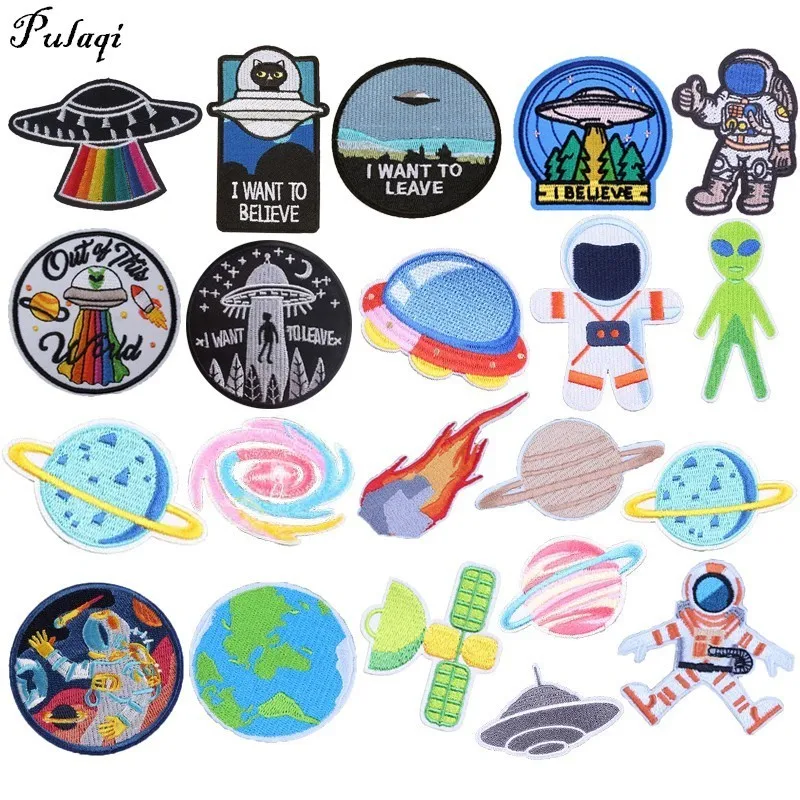 

Pulaqi Round UFO Alien Eye Iron On Patches Sewing Embroidered Applique for Jacket Clothes Stickers Badge DIY Apparel Accessory H