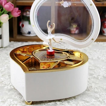 

White Heart Shape Music Box Love Shape Fashion Jewelry Storage Box Rotary Dance Doll Music Box Gift Decoration for Girls