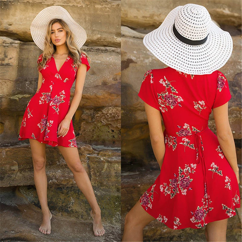 Womens Boho Beach Summer sundress Casual Party Cocktail Short Sleeve Floral Dress elegant playa v-neck harajuku vestido femme
