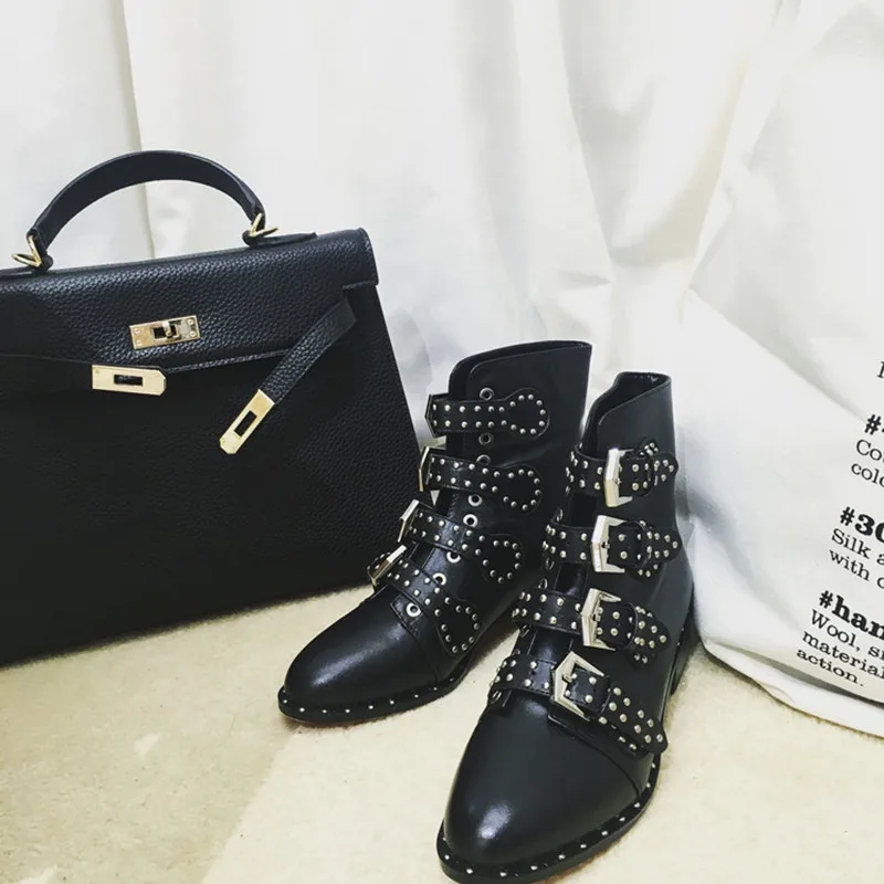 

Black Studded Multi-buckle Boots Top Leather Women Shoes Chelsea Ankle Boots Low Heeled Rivets Woman Shoes Hot Selling