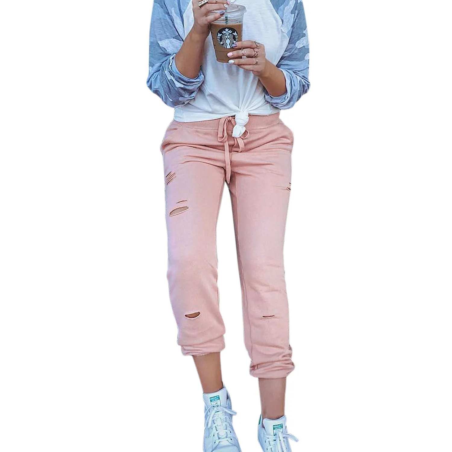 Women Drawstring Elastic Waist Rip Hole Cotton Blend Stretch Jogger