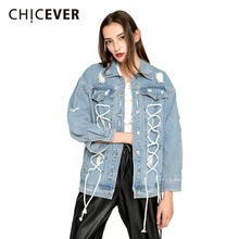 CHICEVER, осенняя джинсовая куртка для женщин, пальто для женщин, с дырками, с длинным рукавом, свободные, большой размер, на шнуровке, женские пальто, модная одежда, новинка