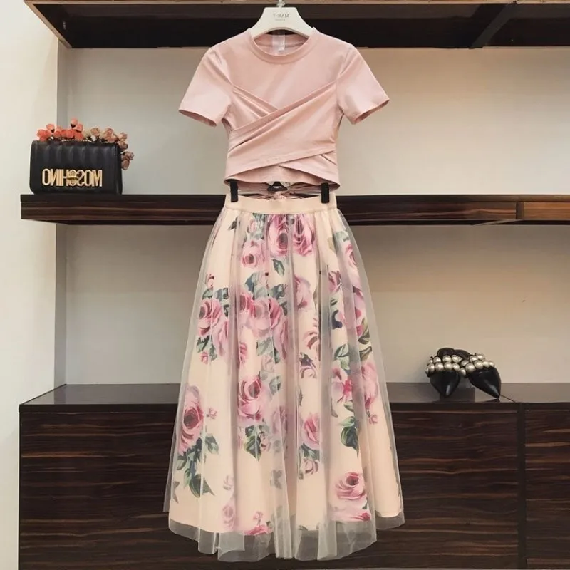 

TDVICTORY Women Irregular T Shirt + Mesh Skirts Suits Bowknot Solid Tops Vintage Floral Skirt Sets Elegant Woman Two Piece Set