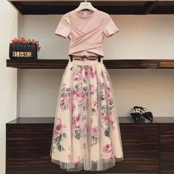 

TDVICTORY Women Irregular T Shirt + Mesh Skirts Suits Bowknot Solid Tops Vintage Floral Skirt Sets Elegant Woman Two Piece Set